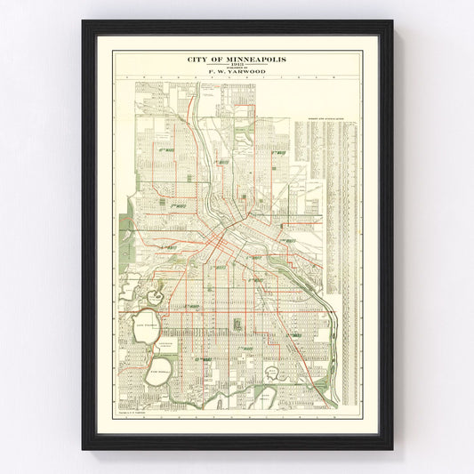 vintage map of Minneapolis, Minnesota, 1913
