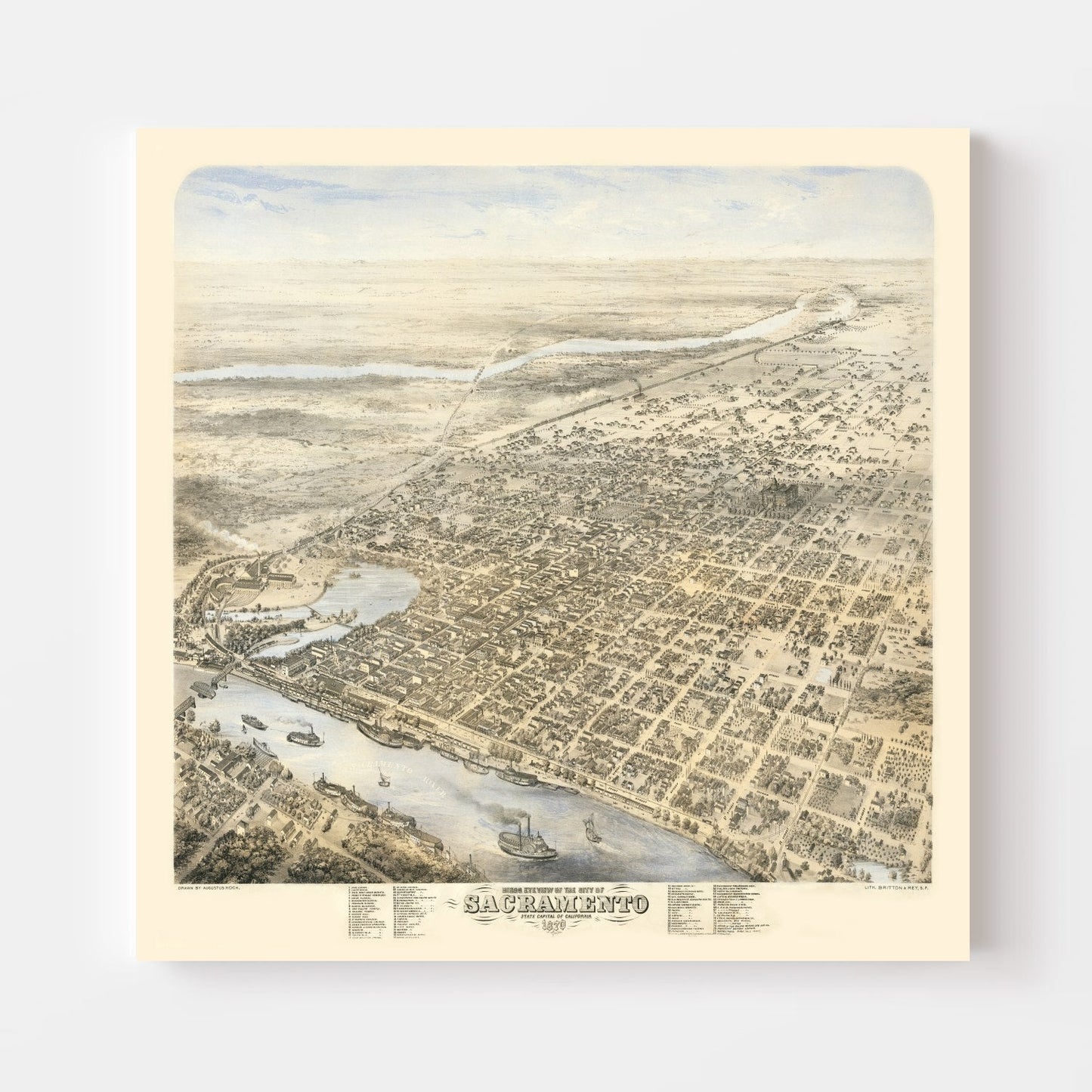 Vintage Map of Sacramento, California, 1870