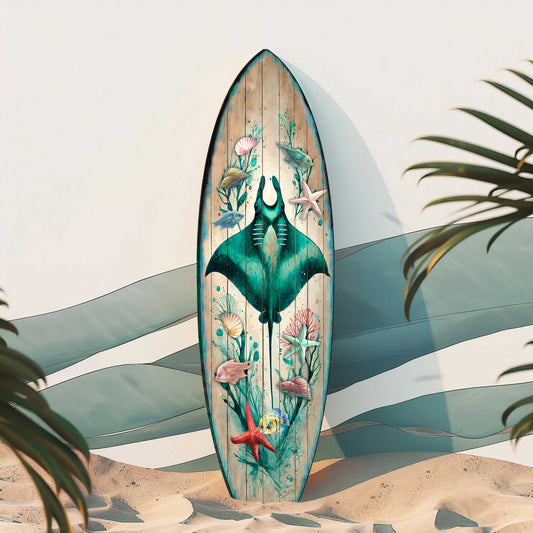 Handcrafted wood manta ray surfboard coastal sea-life wall art