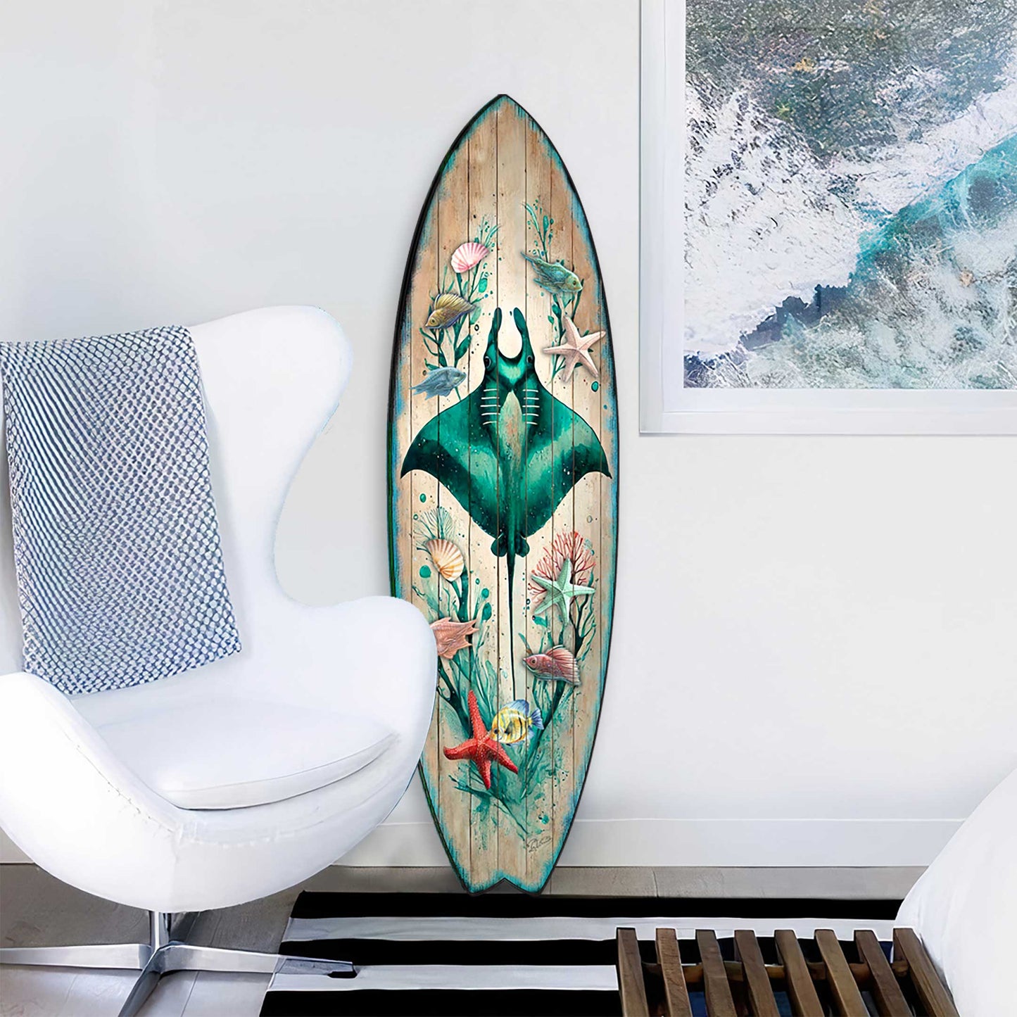 Manta Ray Surfboard Wood Wall Art - Coastal Ocean Decor