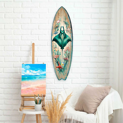 Manta Ray Surfboard Wood Wall Art - Coastal Ocean Decor