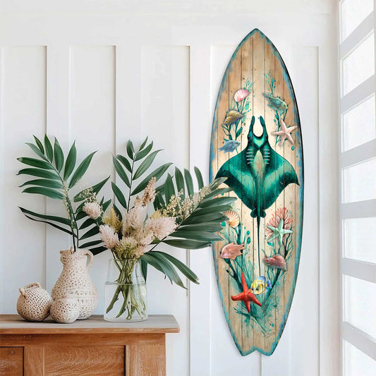 Manta Ray Surfboard Wood Wall Art - Coastal Ocean Decor