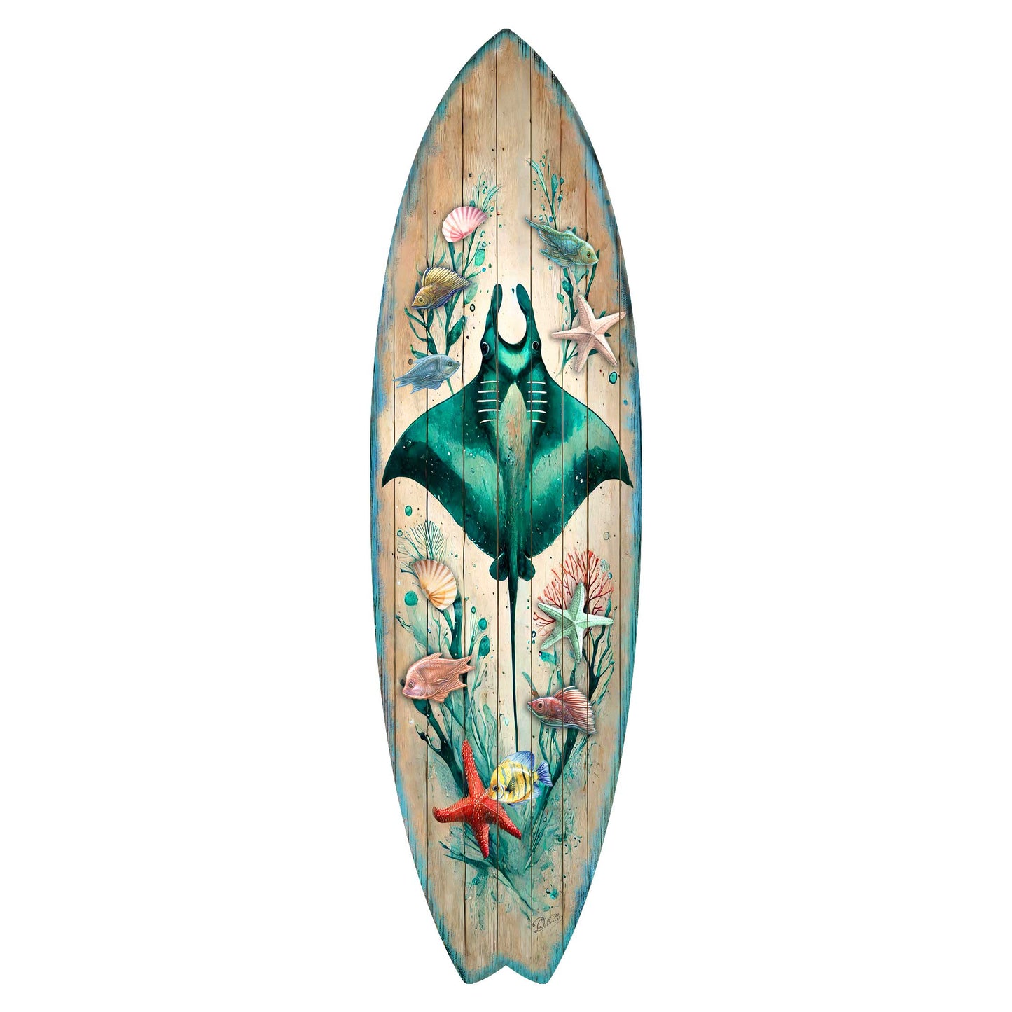 Manta Ray Surfboard Wood Wall Art - Coastal Ocean Decor