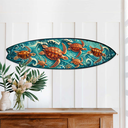 Sea turtle surfboard wood wall art, handcrafted birchwood coastal panel with turtles in waves