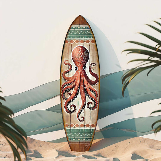 Handcrafted wood octopus surfboard coastal sea-life wall art