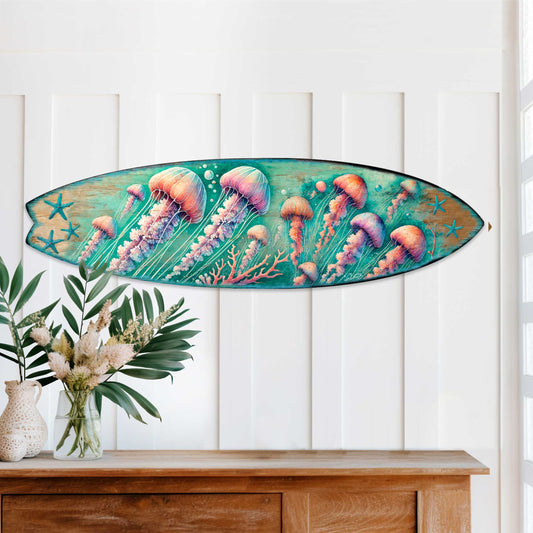 Handcrafted wood jellyfish surfboard coastal sea-life wall art