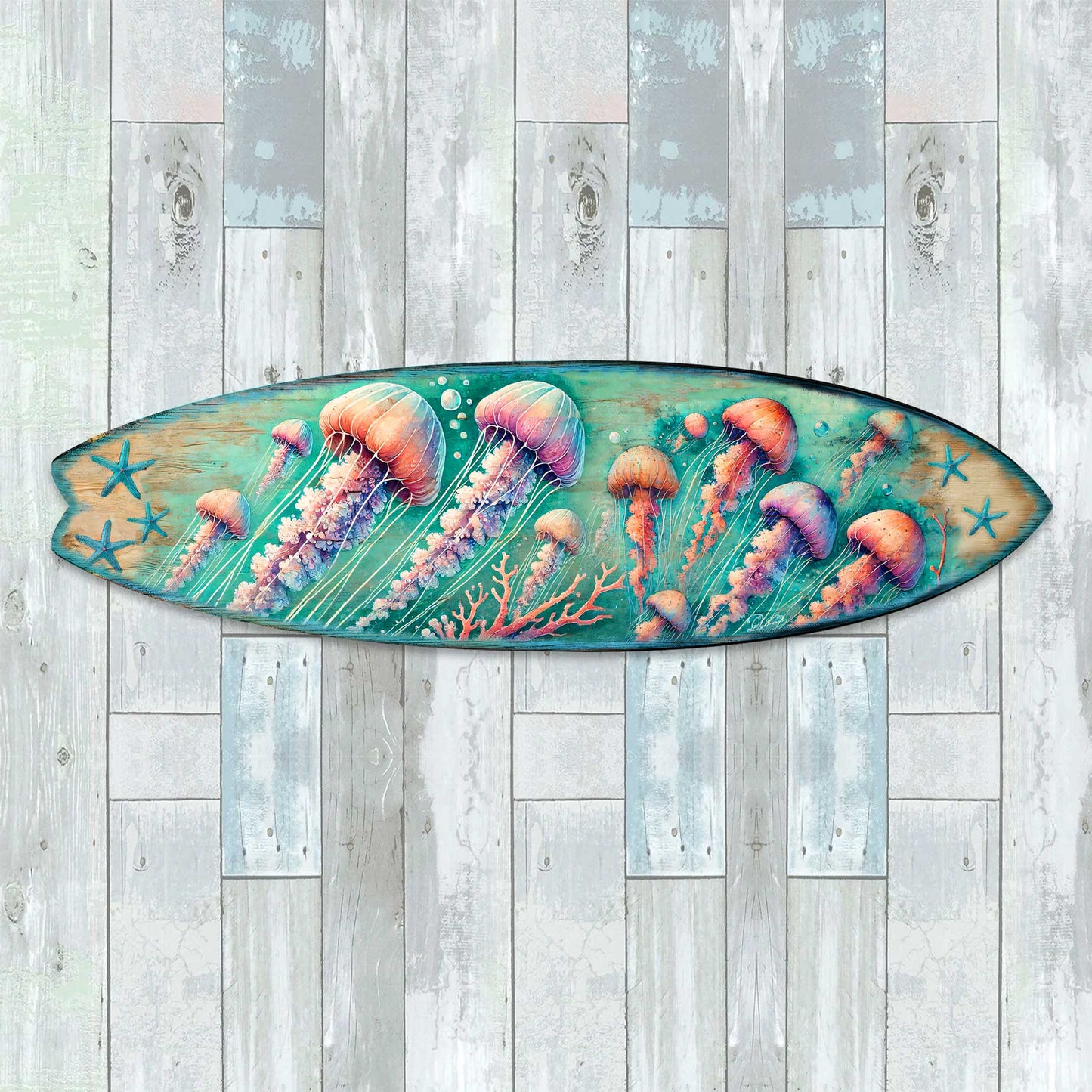 Jellyfish Surfboard Wood Wall Art - Coastal Ocean Decor