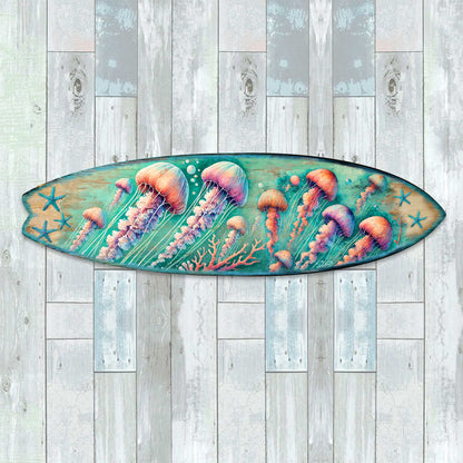Jellyfish Surfboard Wood Wall Art - Coastal Ocean Decor