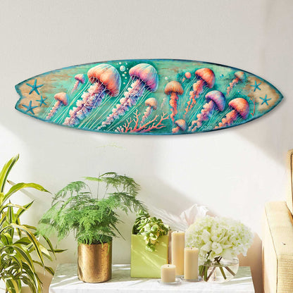 Jellyfish Surfboard Wood Wall Art - Coastal Ocean Decor