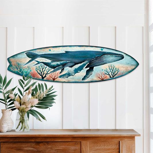 Handcrafted wood whale surfboard coastal wall art