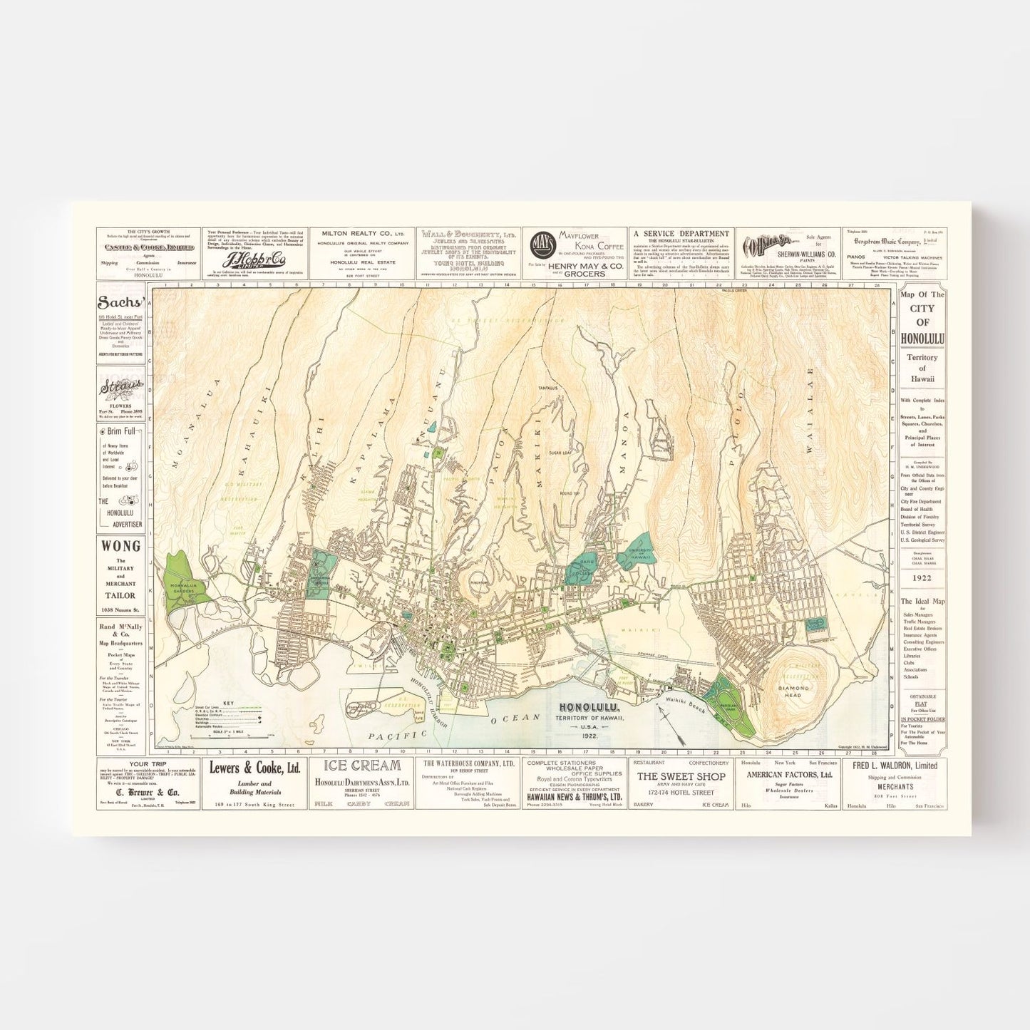 Vintage Map of Honolulu, Hawaii, 1922 (Historic Print)