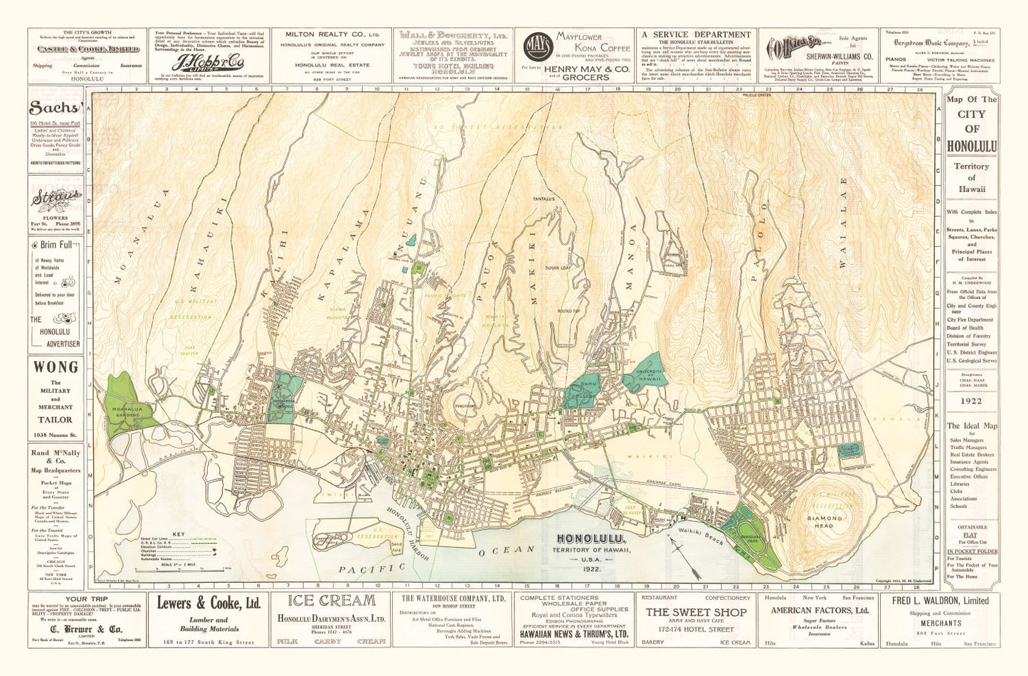Vintage Map of Honolulu, Hawaii, 1922 (Historic Print)