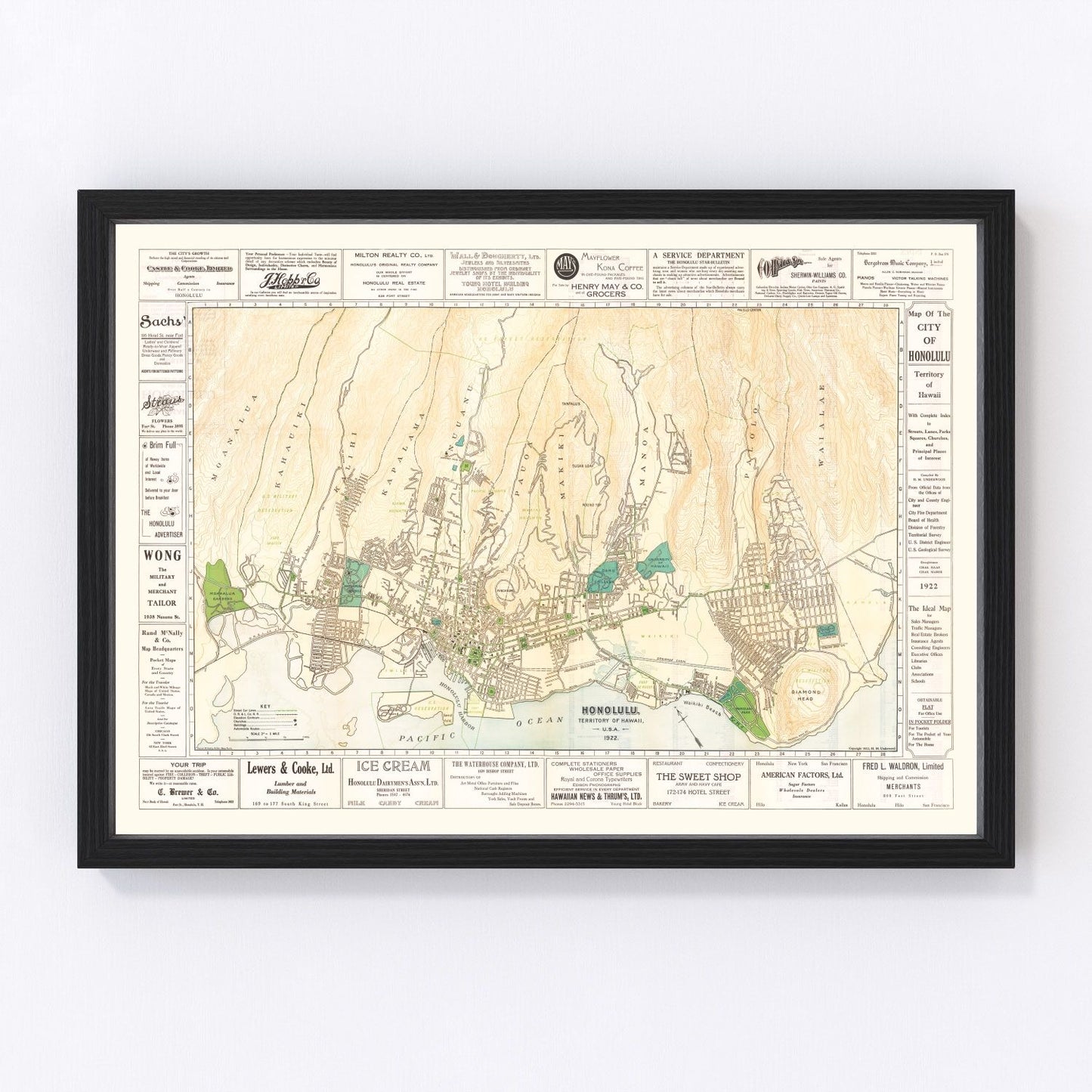 vintage map of Honolulu, Hawaii, 1922