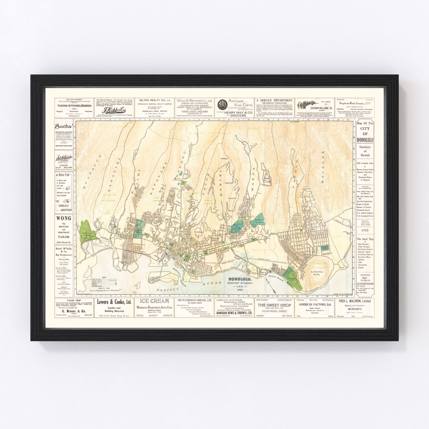 vintage map of Honolulu, Hawaii, 1922