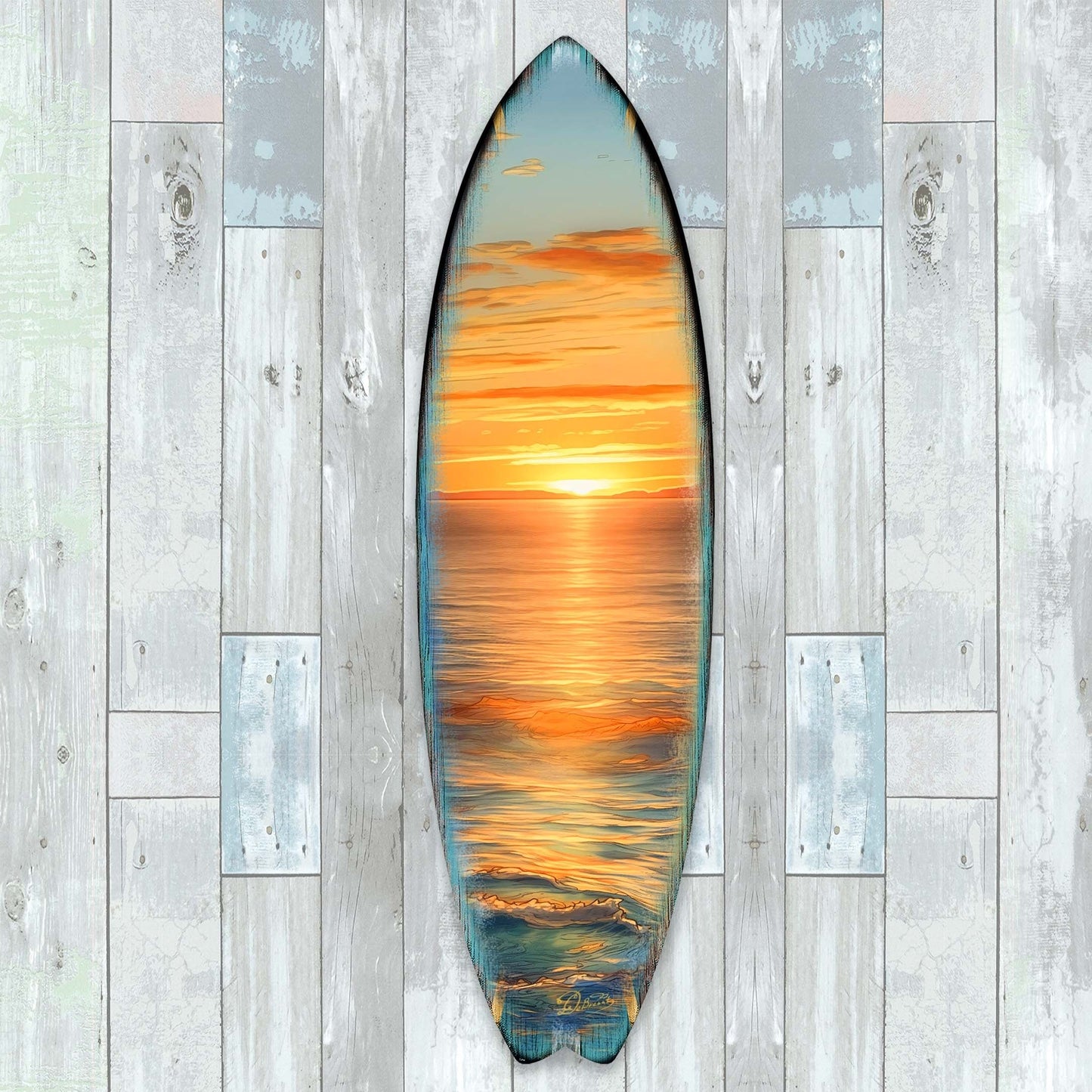 Golden Waves Sunset Surfboard Wood Wall Art