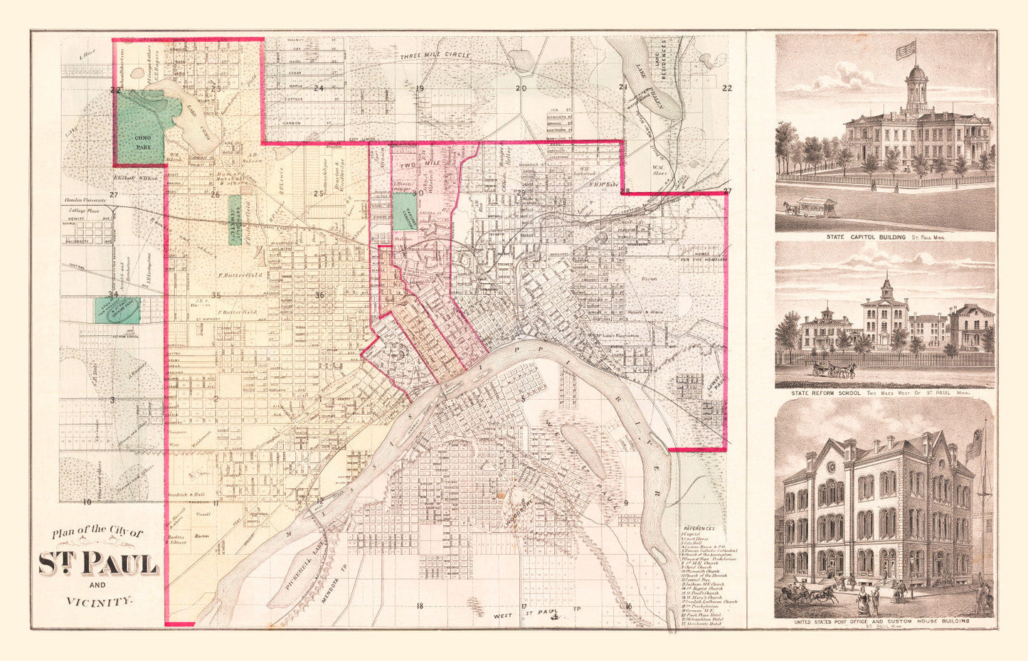 Vintage Map of St. Paul, Minnesota, 1874