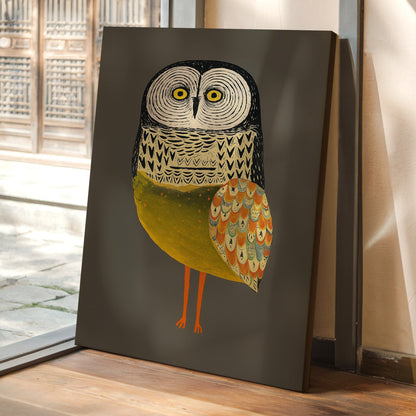 Stylized owl wall art print with golden feathers and intricate patterns