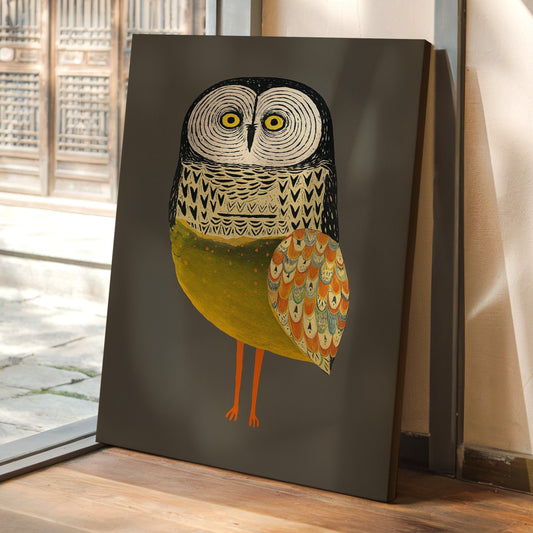 Stylized owl wall art print with golden feathers and intricate patterns