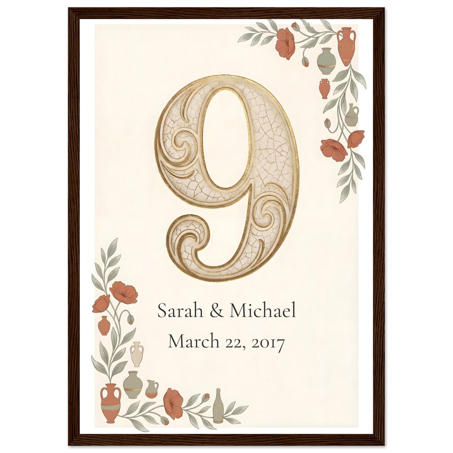 Personalized 9th Anniversary Wall Art - A3 (29.7 x 42 cm) - Dark wood frame / Ready-to-hang - Sparkycare