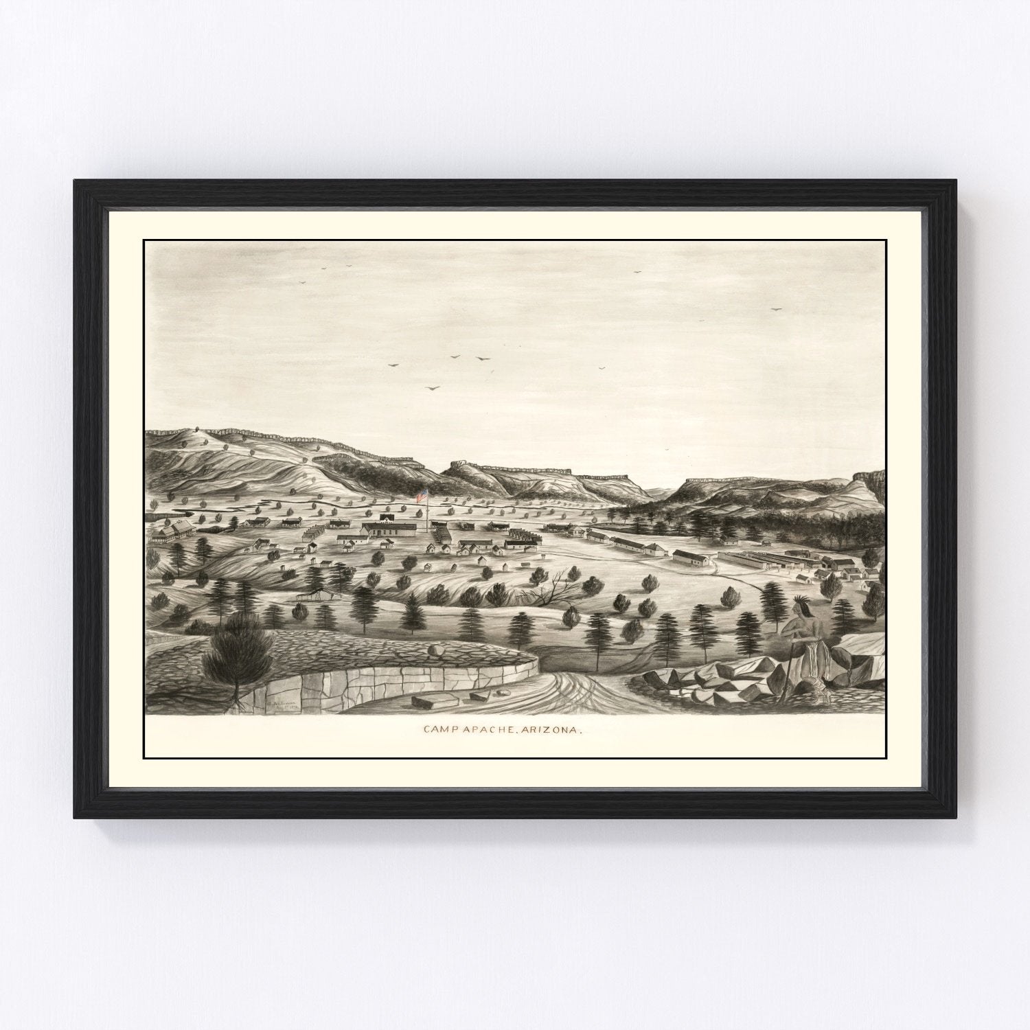 Vintage map of Camp Apache, Arizona, 1876, US Army fort restored print
