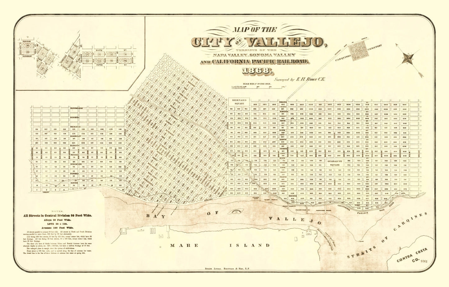 Vintage Map of Vallejo, California, 1868