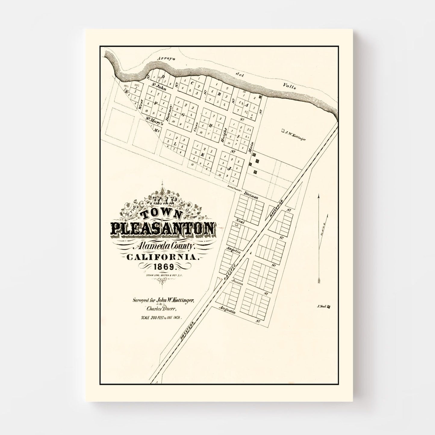 Vintage Map of Pleasanton, California, 1869