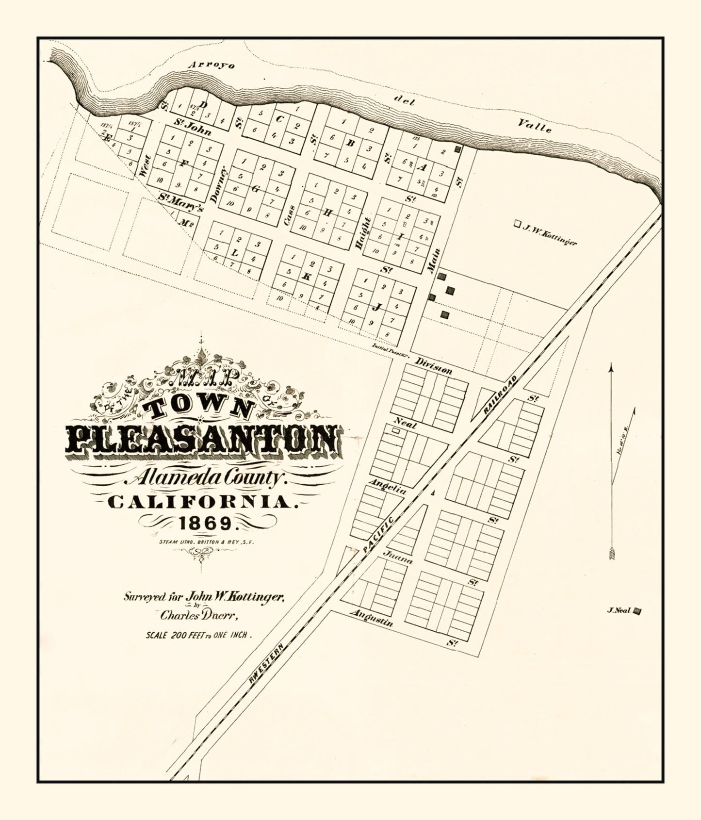 Vintage Map of Pleasanton, California, 1869