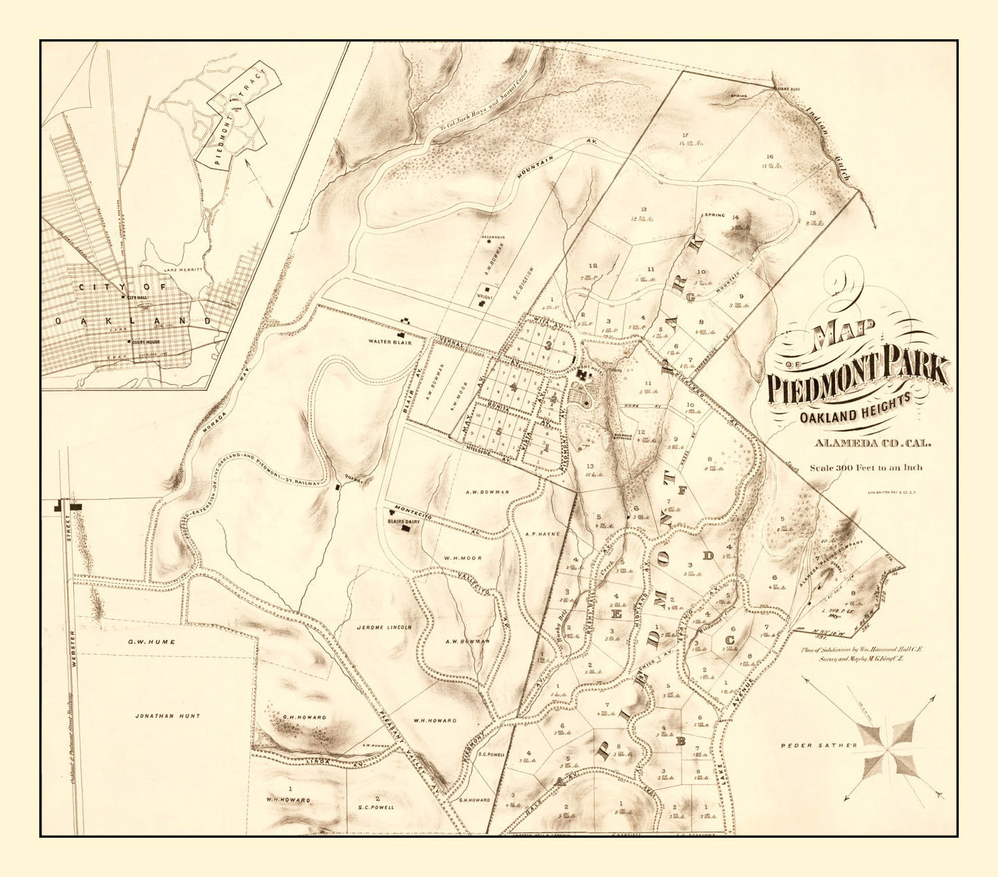Vintage Map of Piedmont Park, California, 1877