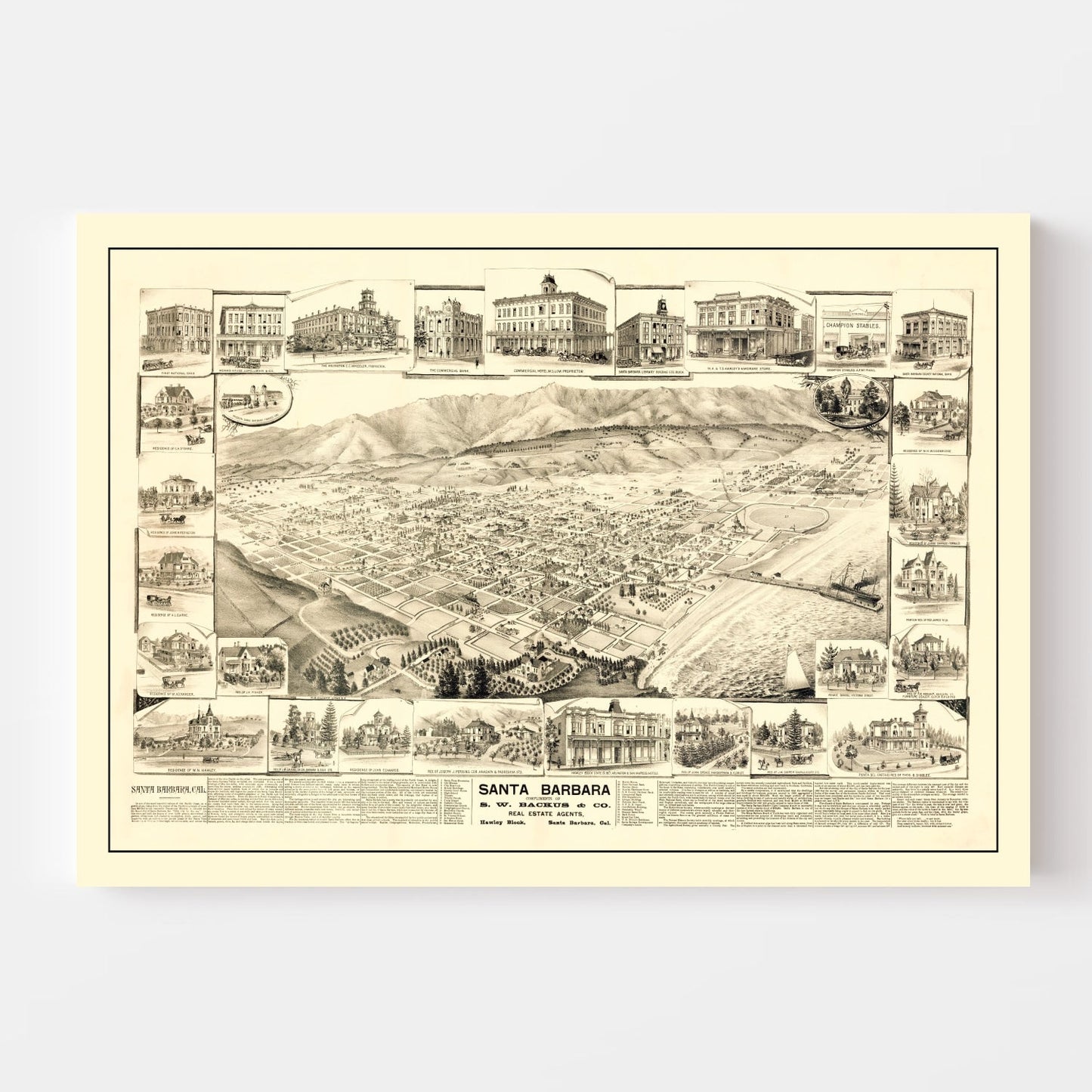 Vintage Map of Santa Barbara, California, 1877