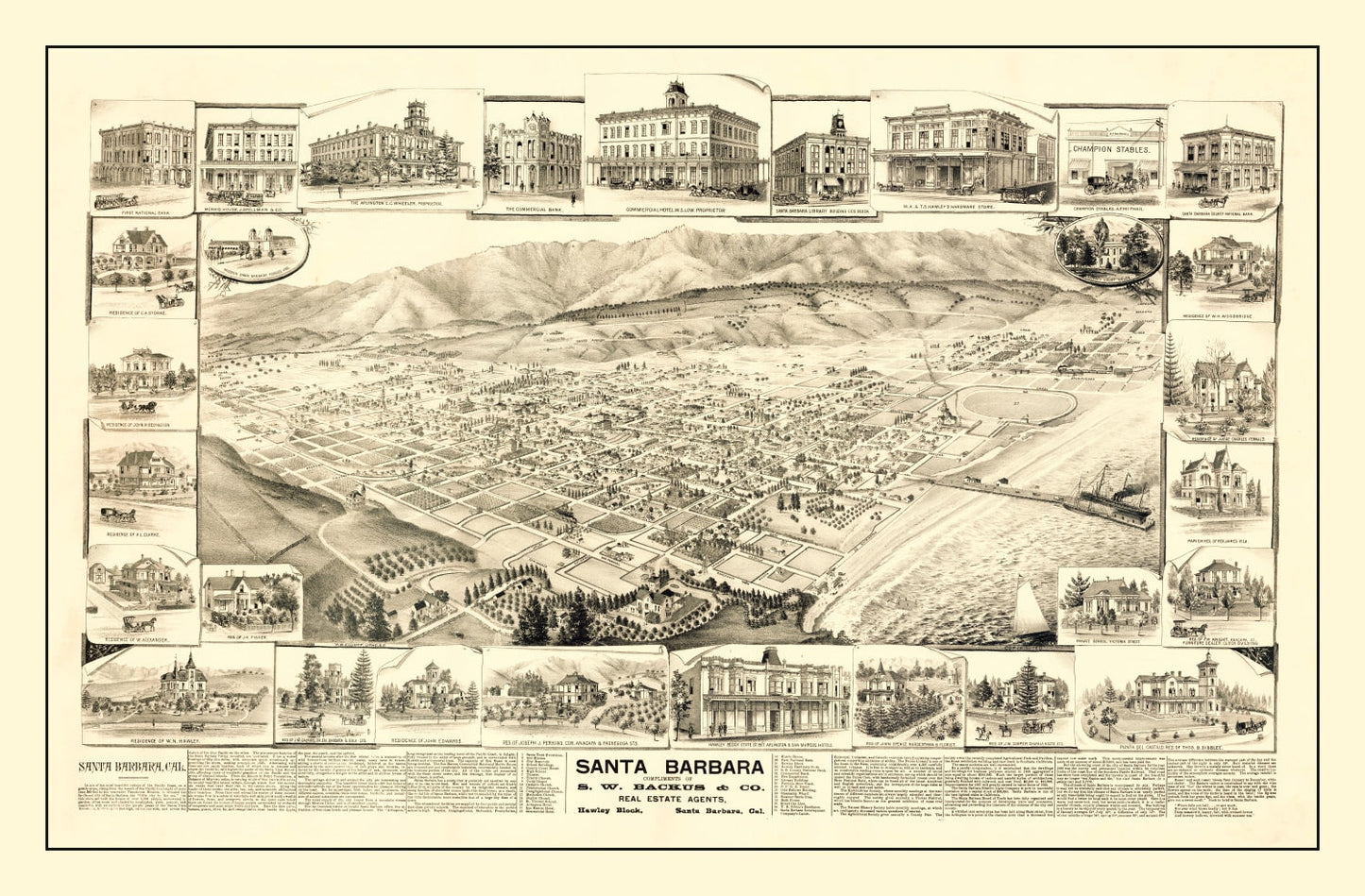 Vintage Map of Santa Barbara, California, 1877