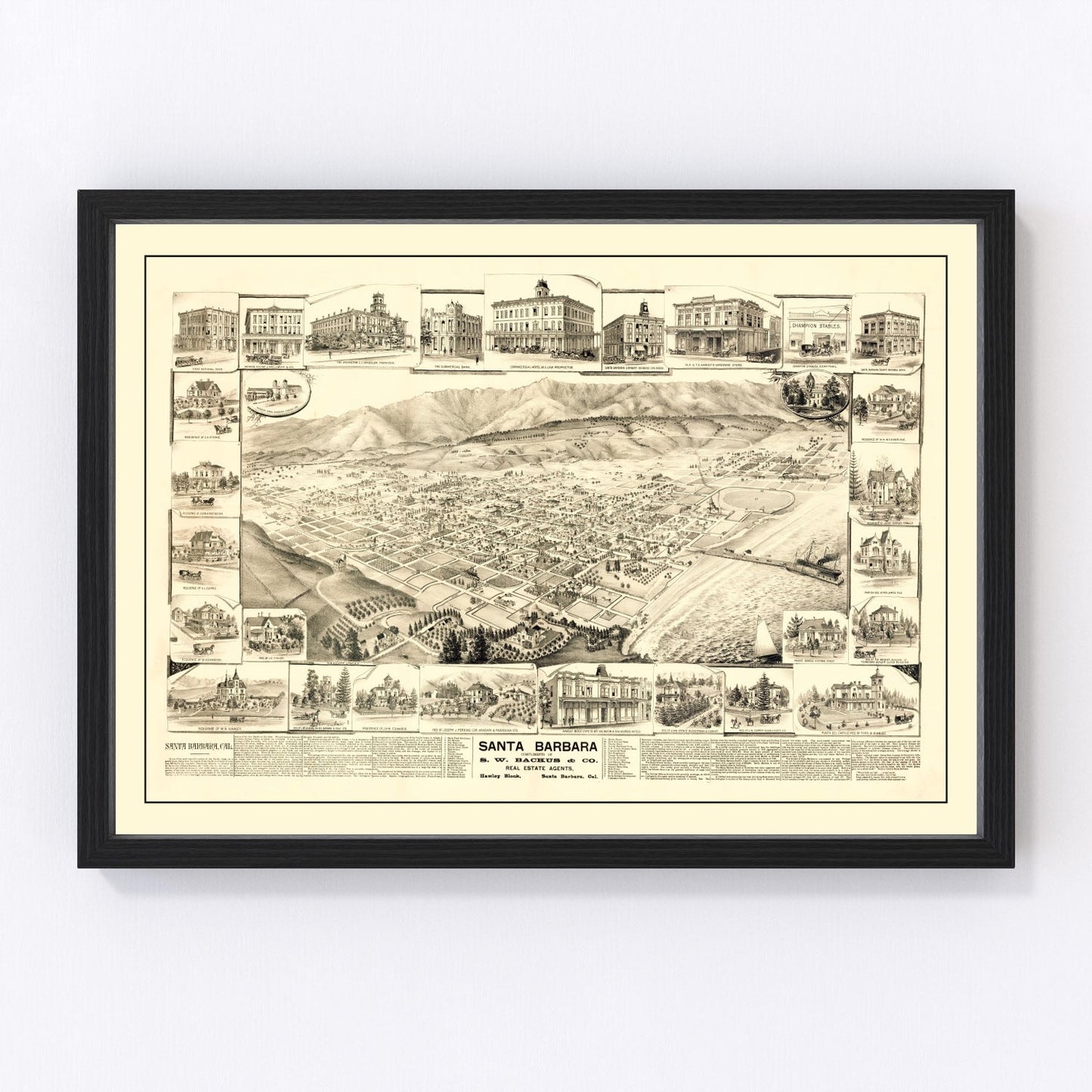 Vintage map of Santa Barbara, California, 1877