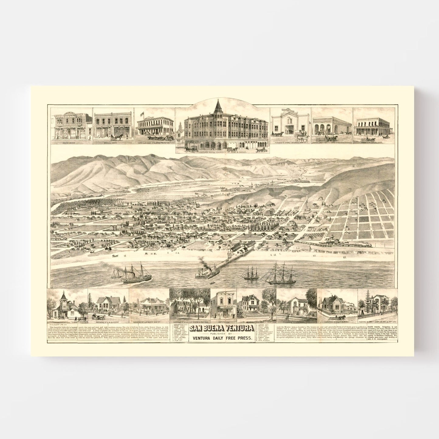 Vintage Map of San Buenaventura, California, 1884