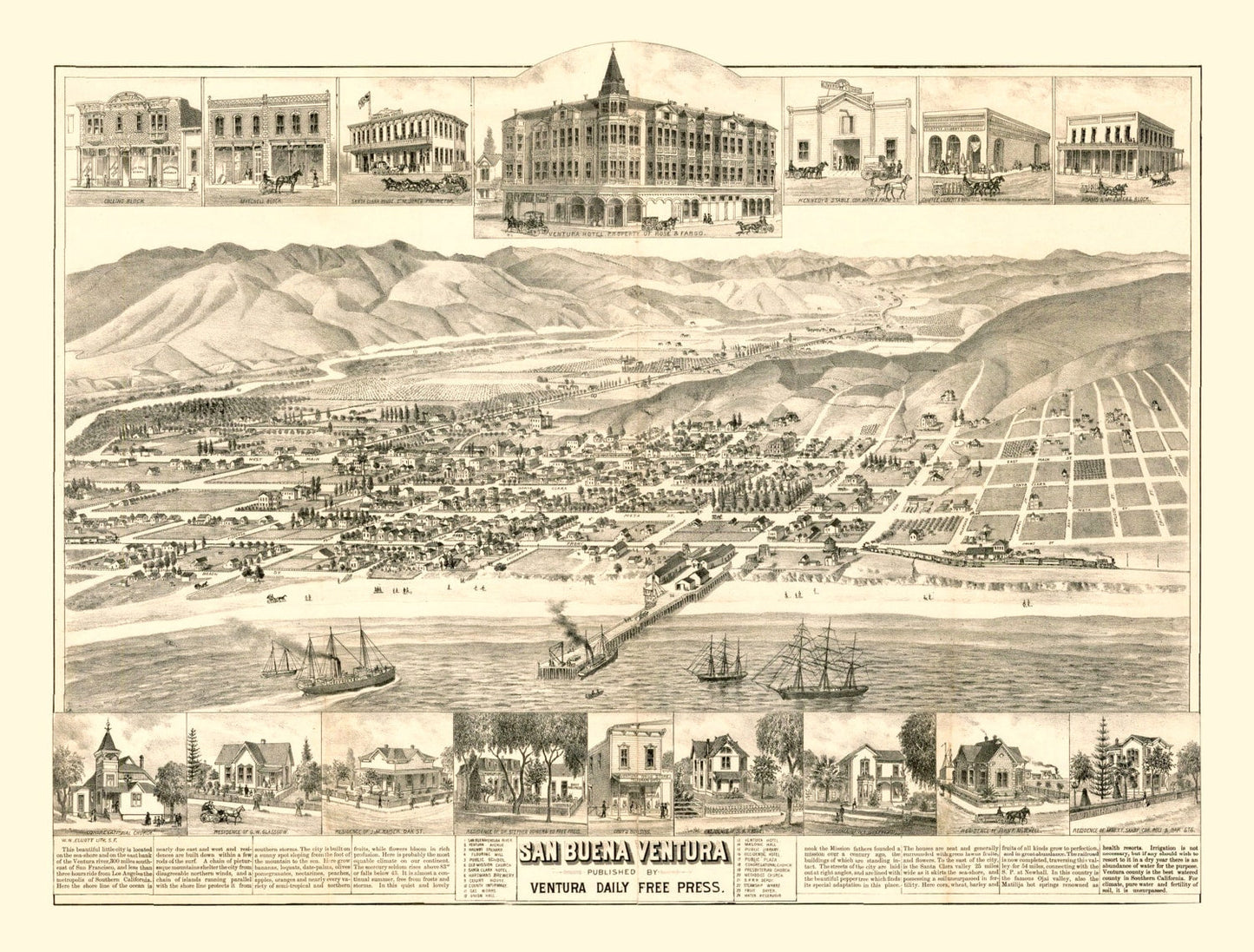Vintage Map of San Buenaventura, California, 1884