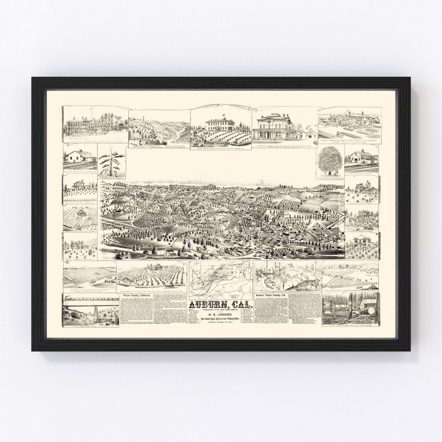 vintage bird's eye map of Auburn, California, 1887, Gold Country