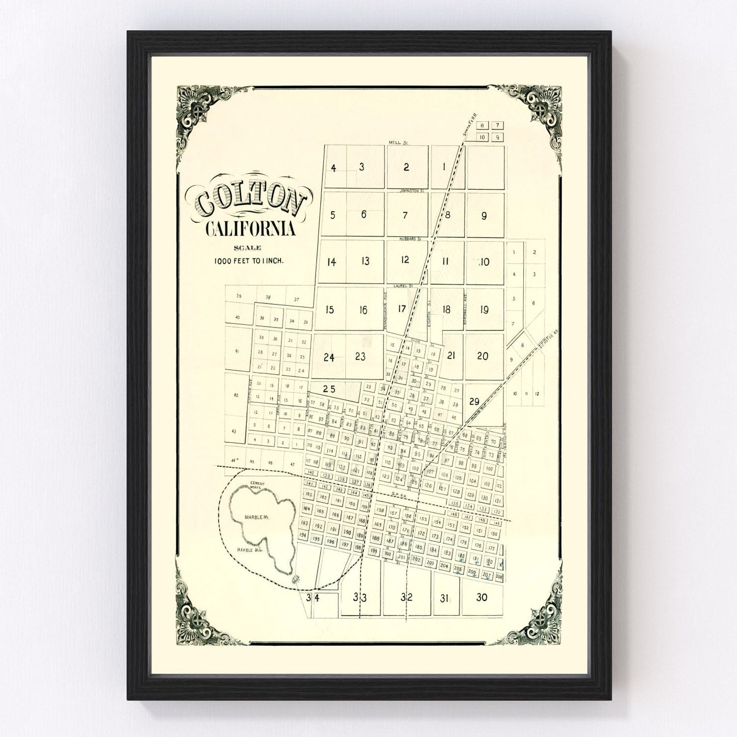 Vintage restored map of Colton, California, 1887, railroad-era San Bernardino County