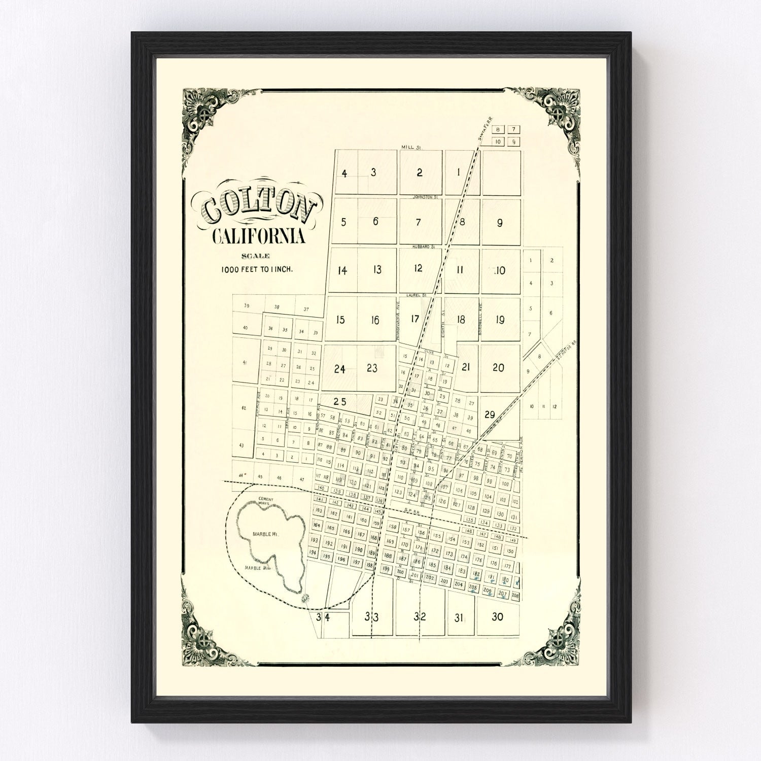 Vintage restored map of Colton, California, 1887, railroad-era San Bernardino County