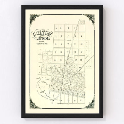 Vintage restored map of Colton, California, 1887, railroad-era San Bernardino County