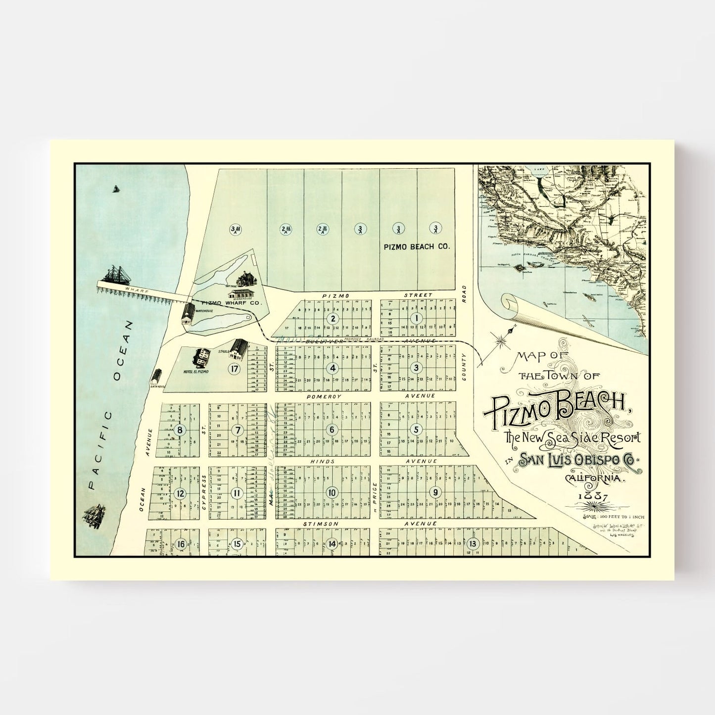 Vintage Map of Pismo Beach, California, 1887