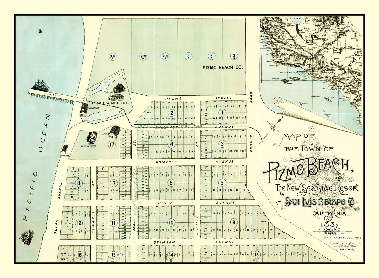 Vintage Map of Pismo Beach, California, 1887