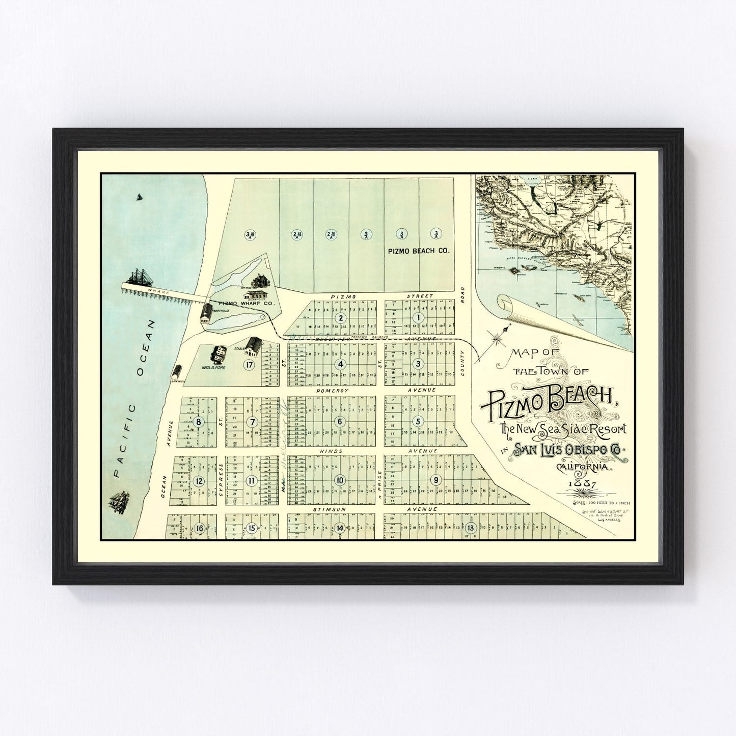 vintage map of Pismo Beach, California, 1887