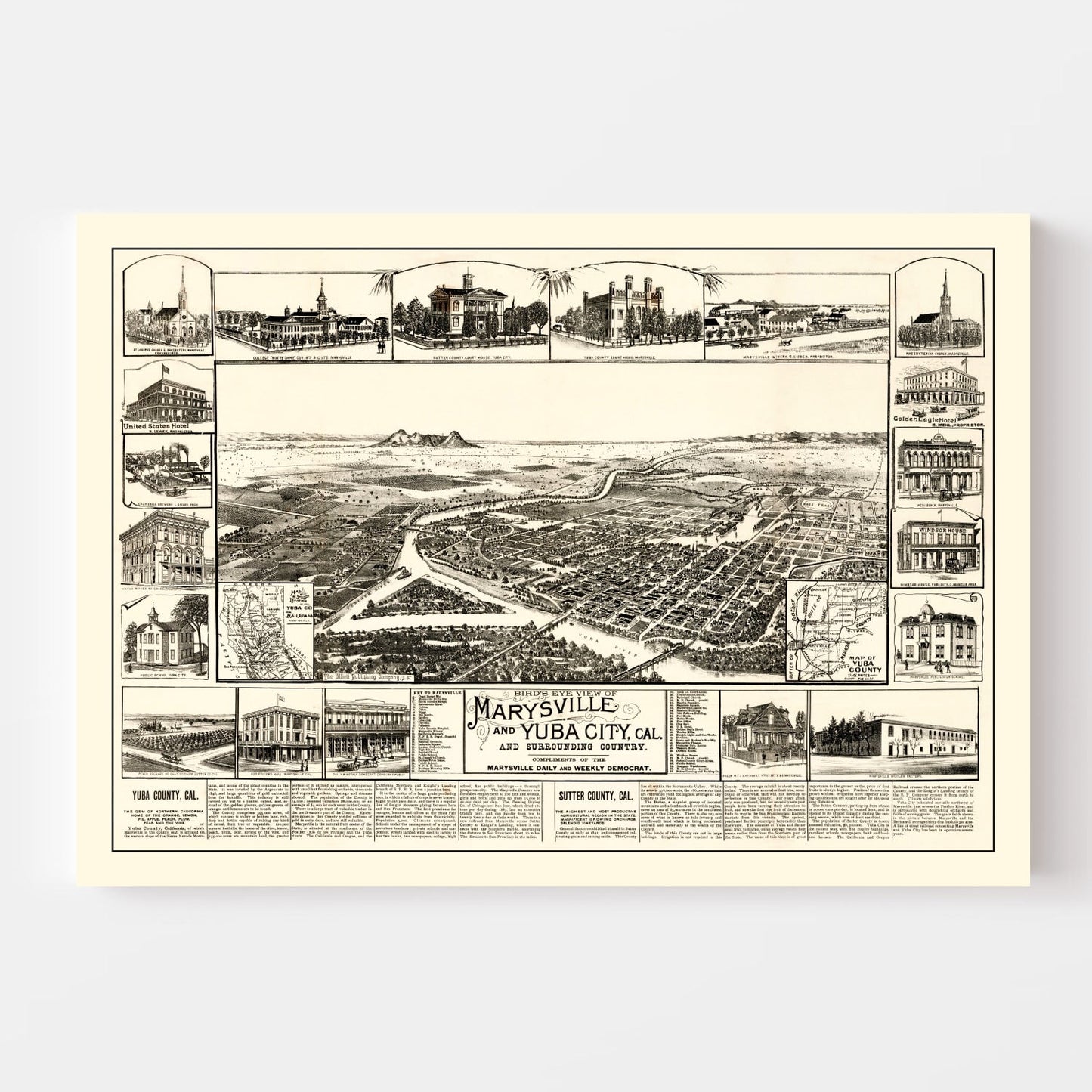 Vintage Map of Marysville and Yuba City, California, 1888