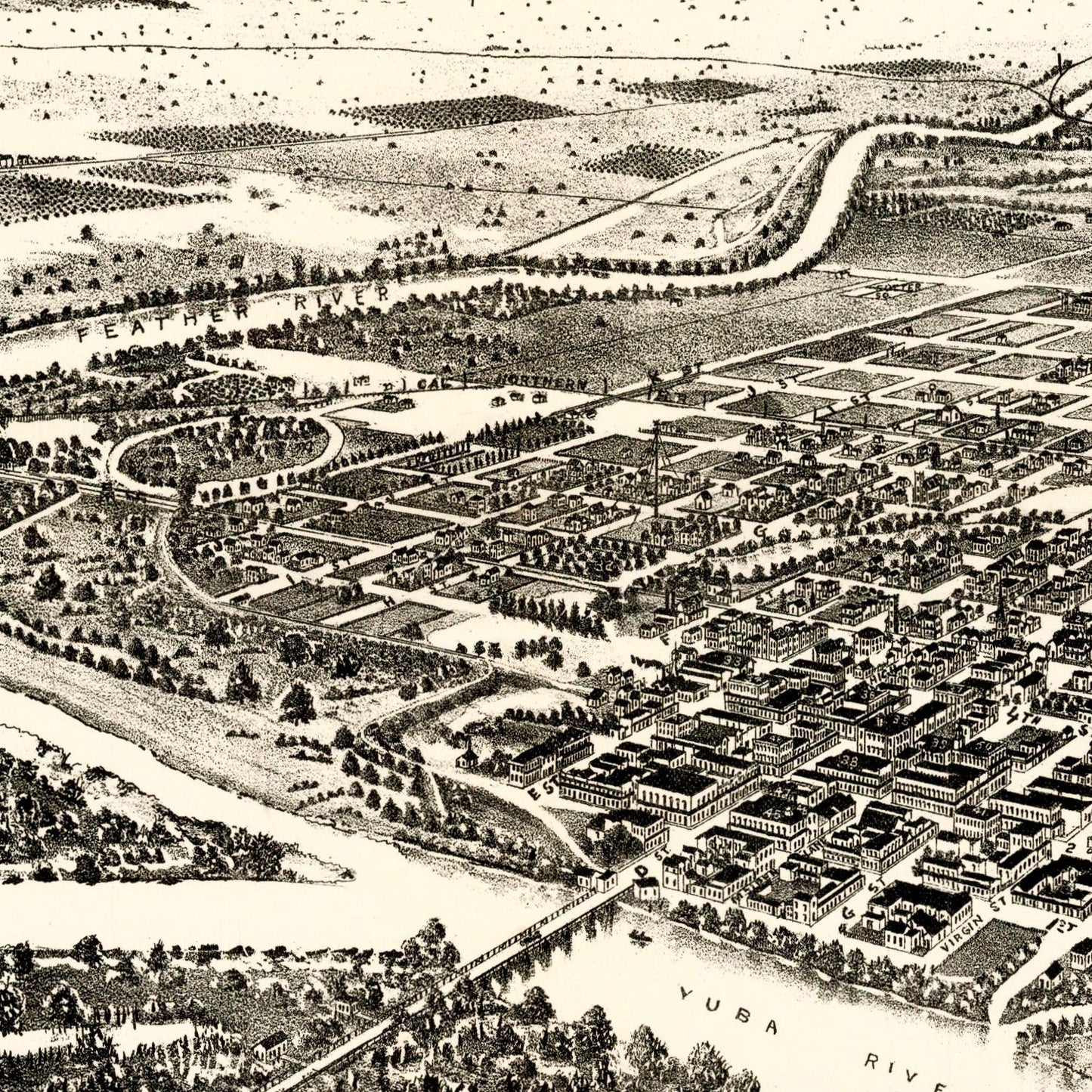 Vintage Map of Marysville and Yuba City, California, 1888