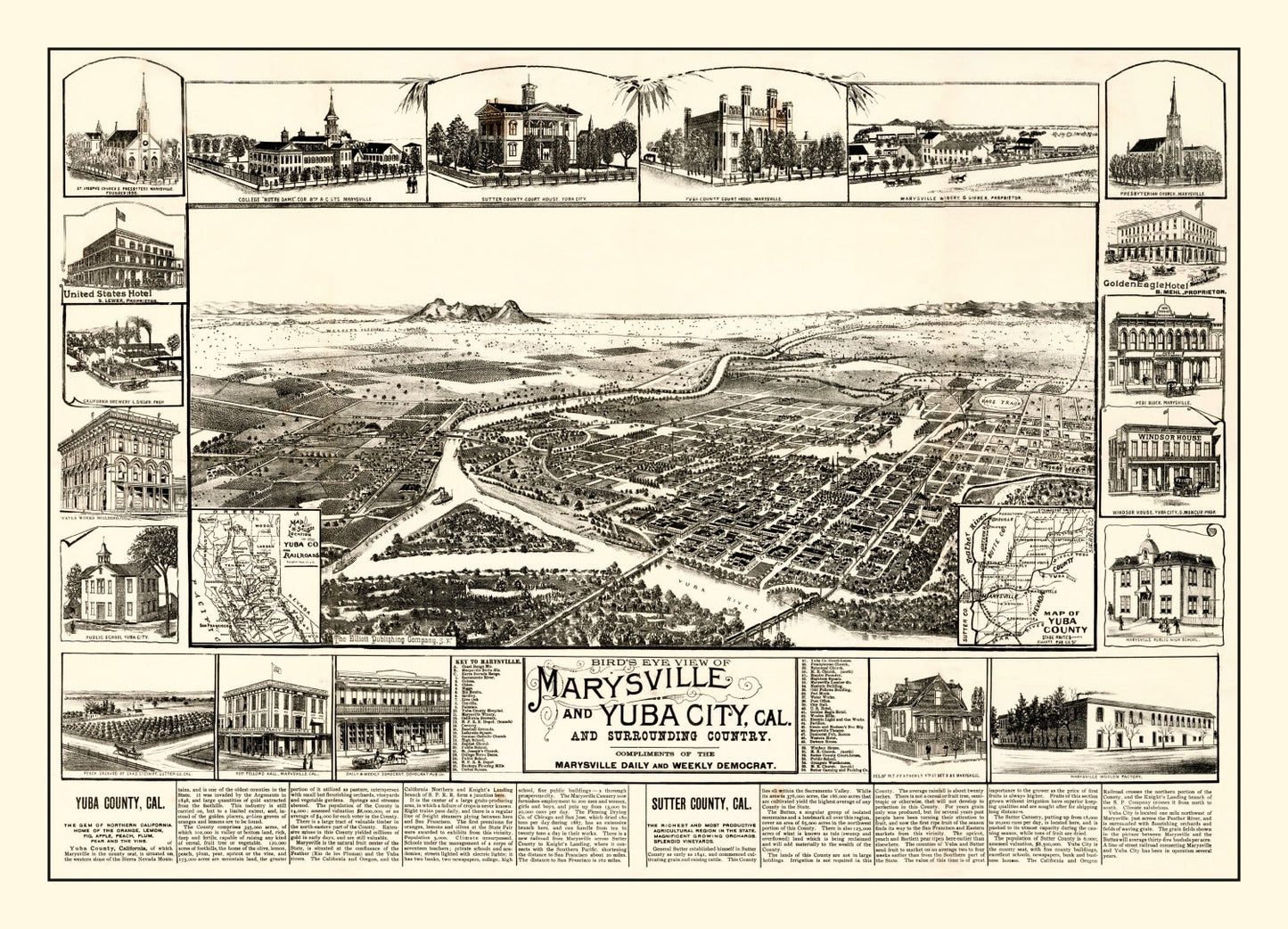 Vintage Map of Marysville and Yuba City, California, 1888