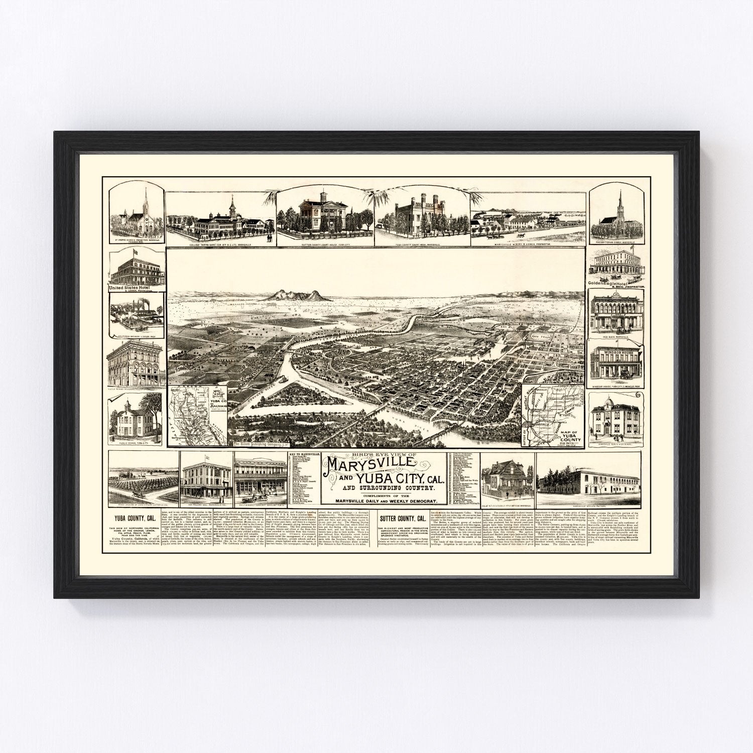 Vintage map of Marysville and Yuba City, California, 1888