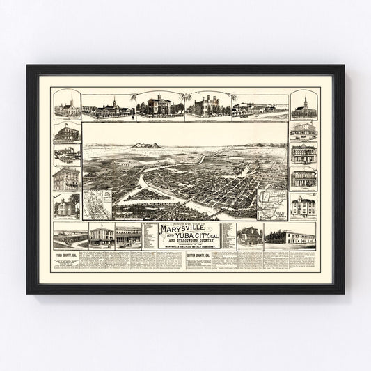 Vintage map of Marysville and Yuba City, California, 1888