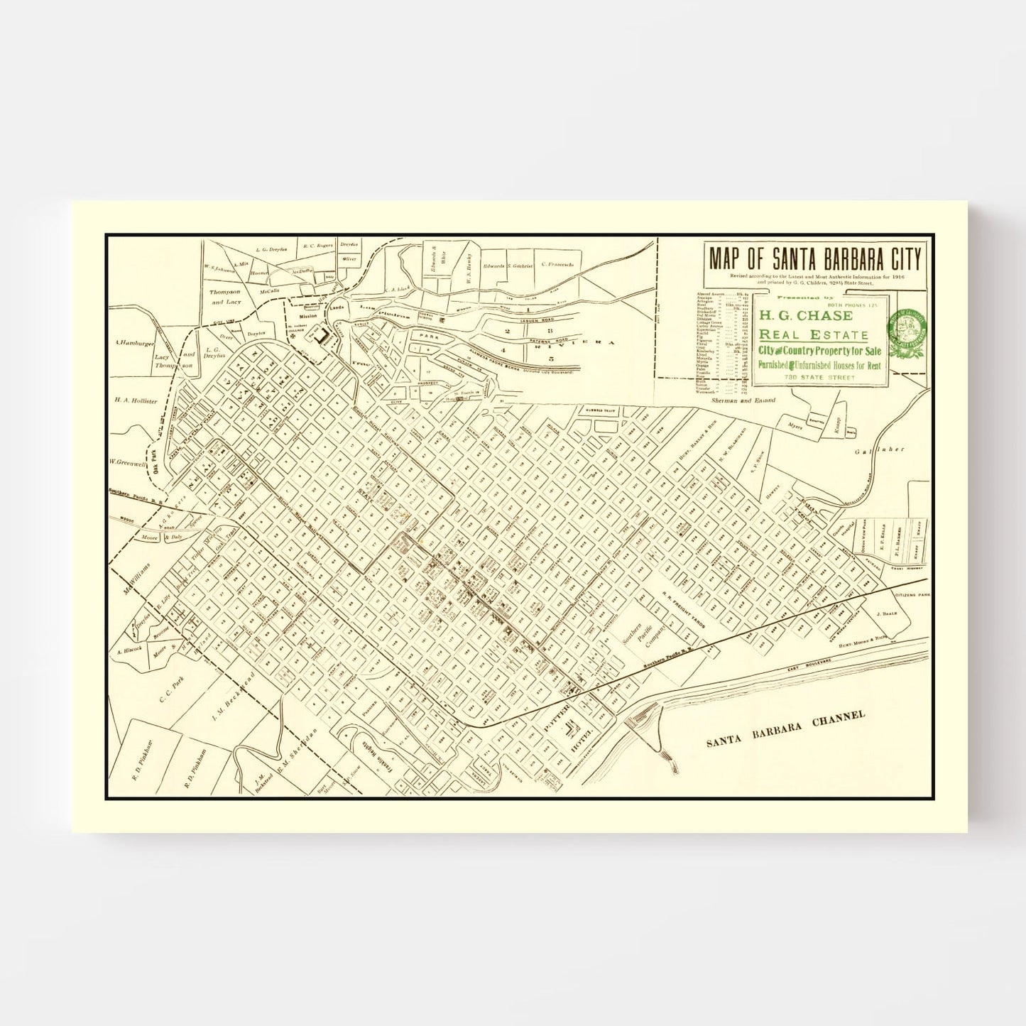 Vintage Map of Santa Barbara, California, 1916