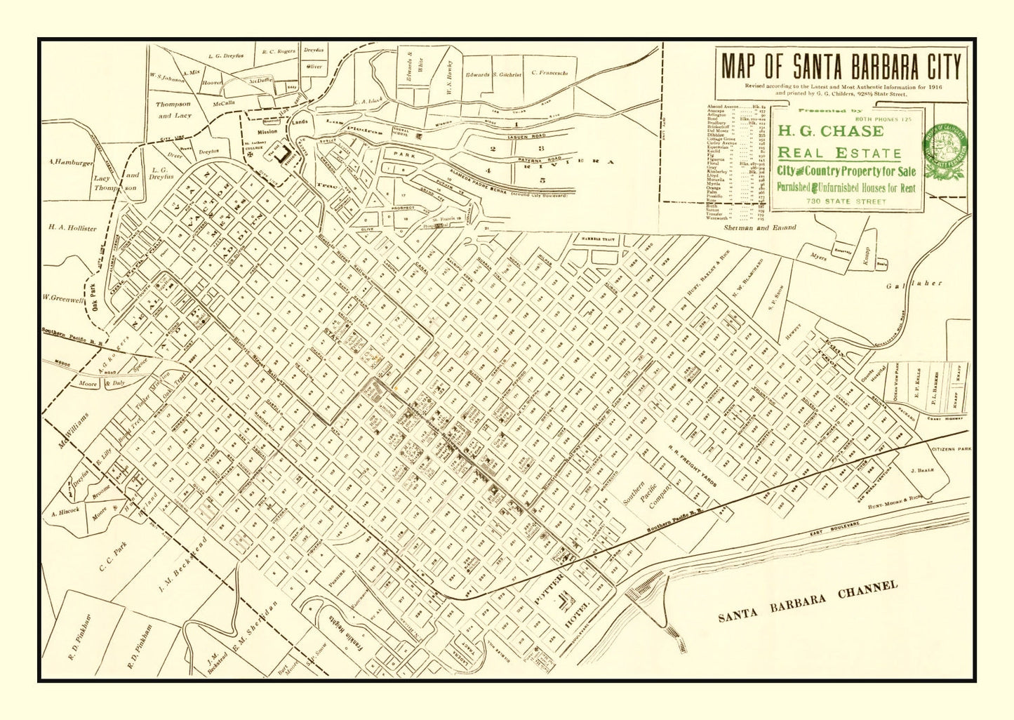 Vintage Map of Santa Barbara, California, 1916