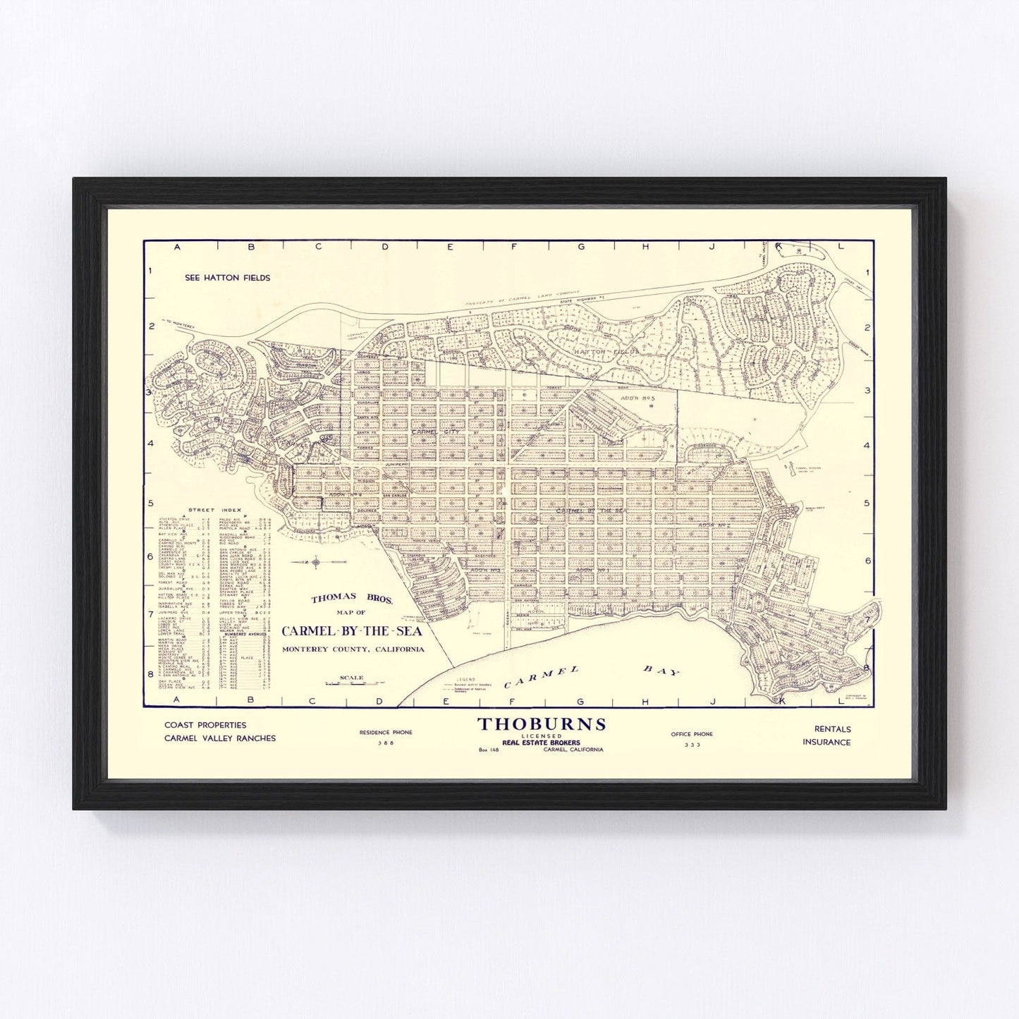 Vintage coastal map of Carmel-By-The-Sea, California, 1920, restored print