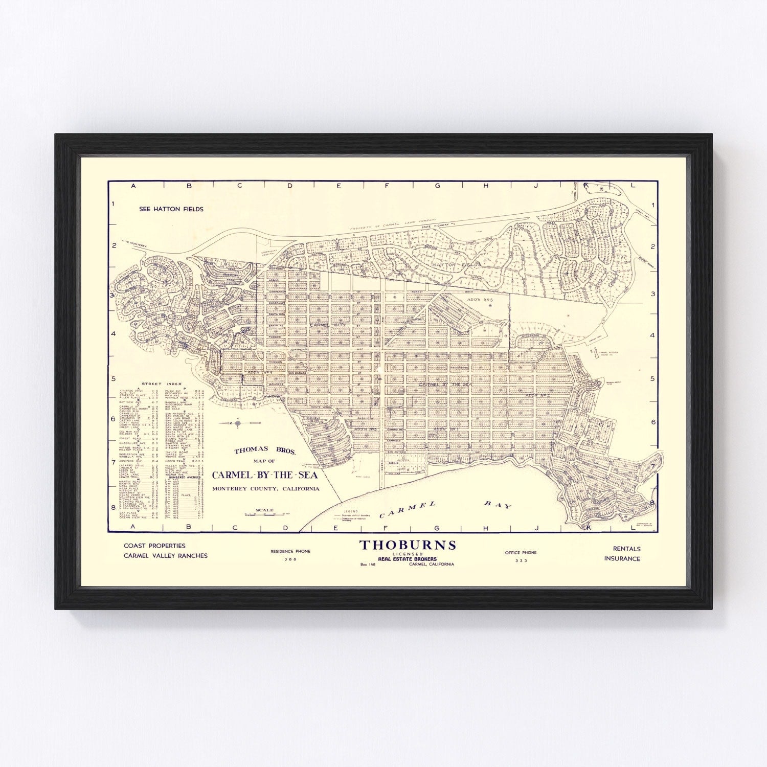 Vintage coastal map of Carmel-By-The-Sea, California, 1920, restored print