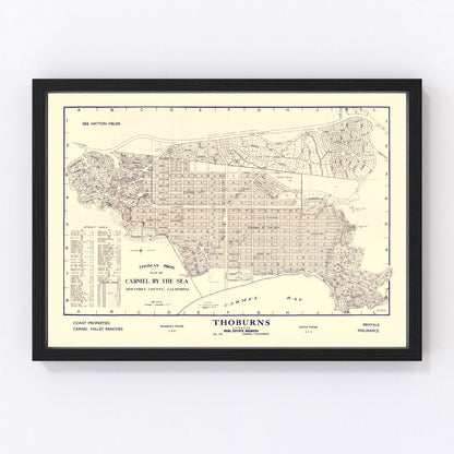 Vintage coastal map of Carmel-By-The-Sea, California, 1920, restored print